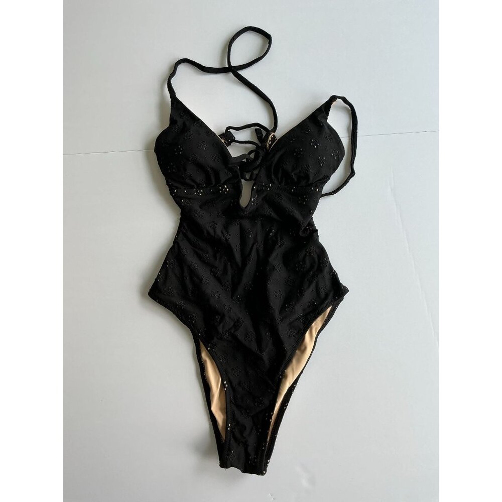 BERLOOK Black Eyelet One-Piece Swimsuit - Size Small